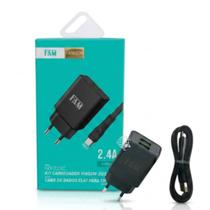 Kit FAM Carregador De Parede + Cabo De Carregamento Transferência USB-A E USB Tipo C FKT-225C Preto. Kit FAM Carregador De Parede + Cabo De Carregamento Transferência USB-A E USB Tipo C FKT-225C Preto.