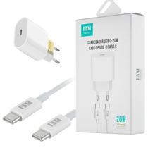 Kit FAM Carregador De Parede + Cabo De Carregamento USB Tipo C E USB Tipo C FKT-PD52C Branco.