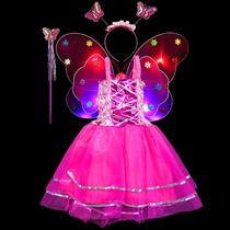 Kit Fantasia Borboleta Fada Meninas Infantil Vestido + Asa De Led