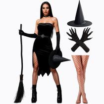 Kit Fantasia Bruxa Adulta Feminina de Halloween Barata Chapéu Preto Luva com Garra e Meia Calça Arrastão Kit Fantasia Bruxa Adulta Feminina de Halloween Barata Chapéu Preto Luva com Garra e Meia Calça Arrastão