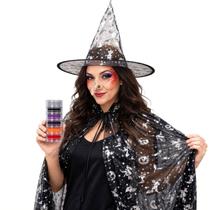 Kit Fantasia Bruxa Adulto Capa com Gola Chapéu Dobrável Nariz Bege 6 Glitters Festa Halloween Kit Fantasia Bruxa Adulto Capa com Gola Chapéu Dobrável Nariz Bege 6 Glitters Festa Halloween