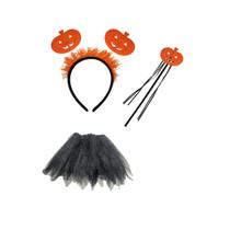 Kit Fantasia Bruxa Saia Tiara Abobora e Varinha Halloween