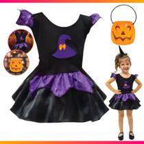 Kit Fantasia C/ Abobora Hallowen Bruxinha Infantil Dia das Bruxas