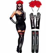 Kit Fantasia Caveira Mexicana Adulta Fantasia Halloween Feminina Barata Tiara Flores Luva e Meia de Esqueleto