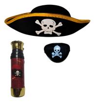 Kit Fantasia Chapéu Pirata, Tapa Olho + Luneta Pirata
