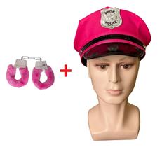Kit Fantasia Chapéu Quepe Boina Policial Rosa Pink +Algemas