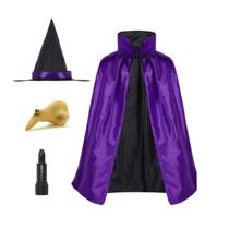 Kit Fantasia De Bruxa Halloween Capa Chapéu Nariz Batom