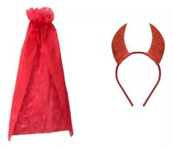 Kit Fantasia Diabinha Capa Tnt C/ Tiara Chifres Halloween Kit Fantasia Diabinha Capa Tnt C/ Tiara Chifres Halloween