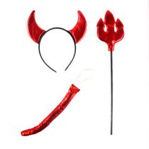 Kit Fantasia Diabinha Vermelho 3 Pçs Carnaval Cosplay