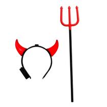 Kit Fantasia Diabinho Tiara e Tridente Halloween Carnaval