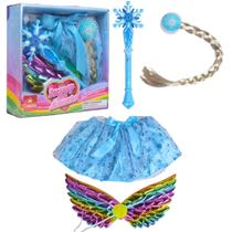 Kit Fantasia Fada C/ Asas Vestido Tranças e Varinha Magica C/ Som e Luz - Castela