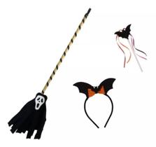 Kit Fantasia Halloween Bruxa Infantil Tiara Varinha Vassoura Kit Fantasia Halloween Bruxa Infantil Tiara Varinha Vassoura