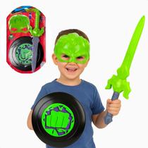 Kit Fantasia Hulk Máscara Escudo Espada Verde Super Herói Presente Criança Menino Kit Fantasia Hulk Máscara Escudo Espada Verde Super Herói Presente Criança Menino