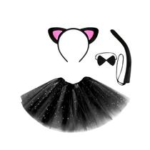 Kit Fantasia Infantil Gatinho Halloween Saia Tule Tiara Rabo Gata Festa Dia das Crianças Brilho Moderna Juvenil 4pçs Kit Fantasia Infantil Gatinho Halloween Saia Tule Tiara Rabo Gata Festa Dia das Crianças Brilho Moderna Juvenil 4pçs