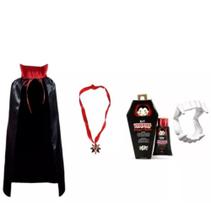 Kit Fantasia Infantil Vampiro: Capa + Dente + Sangue + Colar