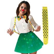 Kit Fantasia Palhaça Adulto: Saia Tutu Led + Suspensório + Gravata + Nariz + Meia 7/8 Colorida Bolinha = 5 Produtos