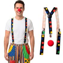 Kit Fantasia Palhaço Festa Carnaval Adulto Masculino Suspensório de Bolinhas Coloridas Ajustável e Nariz Vermelho