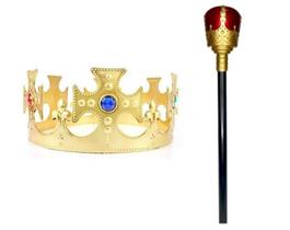 Kit Fantasia Rei Coroa Dourada + Cetro Carnaval Halloween