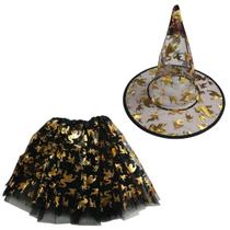 Kit Fantasia Saia e Chapéu Fantasma Dourado Halloween