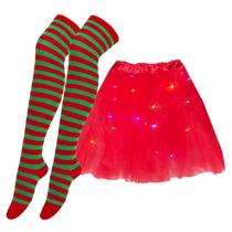 Kit Fantasia: Saia Tutu Led + Meia Longa Listrada 7/8 - Duende Natal Carnaval Festa Fantasia