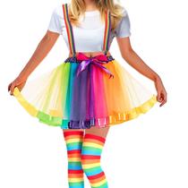 Kit Fantasia: Saia Tutu Tule Colorida Arco Íris + Meia 7/8 Listrada Emilia + Suspensório Listrado LGBT Cosplay Parada