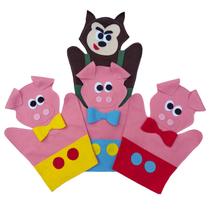 Kit fantoche os três porquinhos + lobo 4 peças feltro