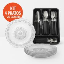 Kit Faqueiro 25 Peças com Porta Talher Conjunto 4 Pratos Fundo Vidro Transparente