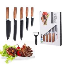 Kit Faqueiro 5 Facas Profissional C/ Descascador Culinária Chef Presente Cozinha Inox e Cabo Madeira