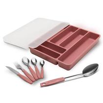 Kit Faqueiro Aço Inox 32 Peças Itaparica e Organizador de Talheres com Tampa Brinox Rosa Malva