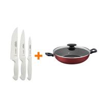 Kit - Faqueiro Premium 3 Peças + 1 Panela Wok 28cm Vermelha - Tramontina Kit - Faqueiro Premium 3 Peças + 1 Panela Wok 28cm Vermelha - Tramontina