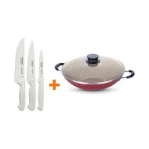 Kit - Faqueiro Premium 3 Peças + 1 Panela Wok 36cm Vermelha - Tramontina Kit - Faqueiro Premium 3 Peças + 1 Panela Wok 36cm Vermelha - Tramontina