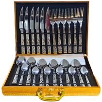 Kit Faqueiro Talheres Com Maleta 24 Peças Em Inox C/ Dourado