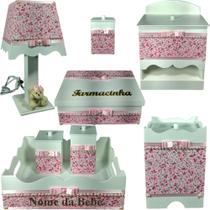 Kit farmacinha de bebê Mdf menina - Jardim Branco Florido Pérolas