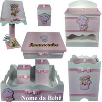 Kit farmacinha de bebê Mdf menina - Ursinha Balão tampas rosa - Flores para Mariae Decor