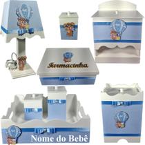 Kit farmacinha de bebê Mdf menino - Urso Balão Branco e Azul