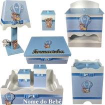 Kit farmacinha de bebê Mdf menino - Urso balão Branco e tampas azul bb