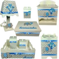 Kit farmacinha Higiene bebê Mdf 8 pçs - CHEVRON CINZA COM ELEFANTE AZUL BB