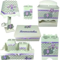 Kit farmacinha Higiene bebê Mdf 8 pçs - CHEVRON CINZA ELEFANTE LILAS - Flores para Mariae Decor