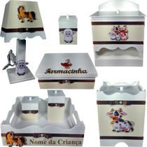 Kit farmacinha Higiene bebê Mdf 8 pçs - Fazendinha branco palha