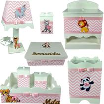 Kit farmacinha Higiene bebê Mdf 8 pçs - SAFARI MENINA CHEVRON ROSA Kit farmacinha Higiene bebê Mdf 8 pçs - SAFARI MENINA CHEVRON ROSA