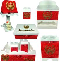Kit farmacinha Higiene bebê Mdf 8 pçs - VERMELHO BOLINHAS DE COROA Kit farmacinha Higiene bebê Mdf 8 pçs - VERMELHO BOLINHAS DE COROA