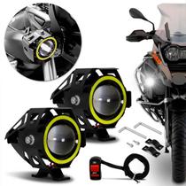 Kit Farol de Milha LED Moto Universal Angel Eyes U7 6000K 20W Luz Branca Farol Alto Baixo com Botão