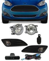 Kit Farol de Milha Neblina Ford New Fiesta 2013 2014 2015 - Com Moldura e Aro Cromado - Interruptor Painel