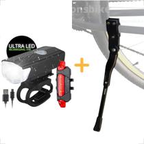 Kit Farol E Lanterna Led Usb Bike Mtb Recarregável + Pezinho Bicicleta Aro 26 A 29