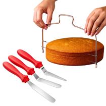Kit Fatiador e Nivelador de Bolos e 3 Espátulas Confeitaria Cozinha Aço Inox Uny Home