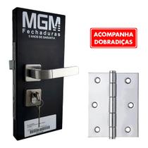 Kit Fechadura de Porta Madeira Sala Externa Roseta Módena Aluminio + Dobradiças Zincadas MGM