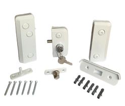 Kit Fechadura e Dobradiça com Mola para Porta de Vidro Pivotante Polímero com Acabamento Eletrostático Kit Fechadura e Dobradiça com Mola para Porta de Vidro Pivotante Polímero com Acabamento Eletrostático