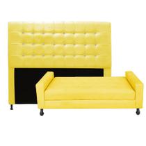 Kit Félix com Cabeceira Dama com Strass 1,60 cm Queen Size Baú Quarto Sala Suede Amarelo - Damaffê Móveis