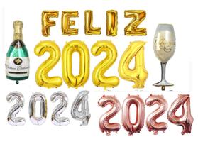 Kit Feliz 2024 Decoração Ano Novo Dourado Prata Rosê