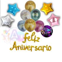Kit Feliz Aniversário + 10 Balões 11 Peças Metalizadas , Festa , Aniversário, Decoração, Eventos festivo, Pega e monta